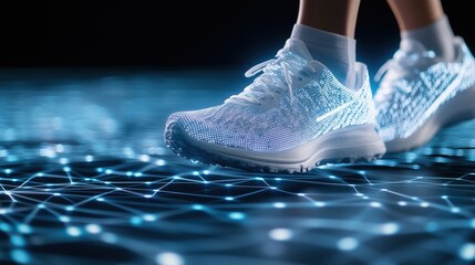 Close-up of glowing sneakers on a futuristic digital surface with network patterns. Smart sports technology