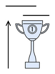 Trophy cup marked with the number one upward arrow two horizontal lines. Ideal for victory, leadership, motivation, success, achievement, progress, goal setting. Line metaphor
