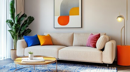 Modern living room, colorful abstract wall art, light gray sofa, vibrant throw pillows, blue and white rug, orange side table, potted plant, minimalist design, warm lighting, clean lines, contemporary