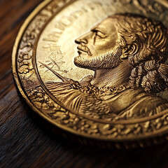 Gold ancient coin on a wooden surface.