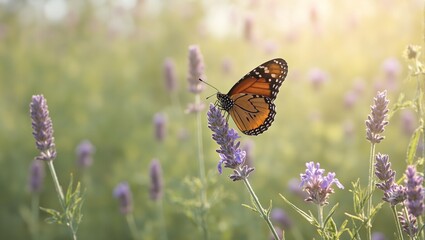 Obraz premium Graceful monarch butterfly on lavender stem in dreamy meadow setting