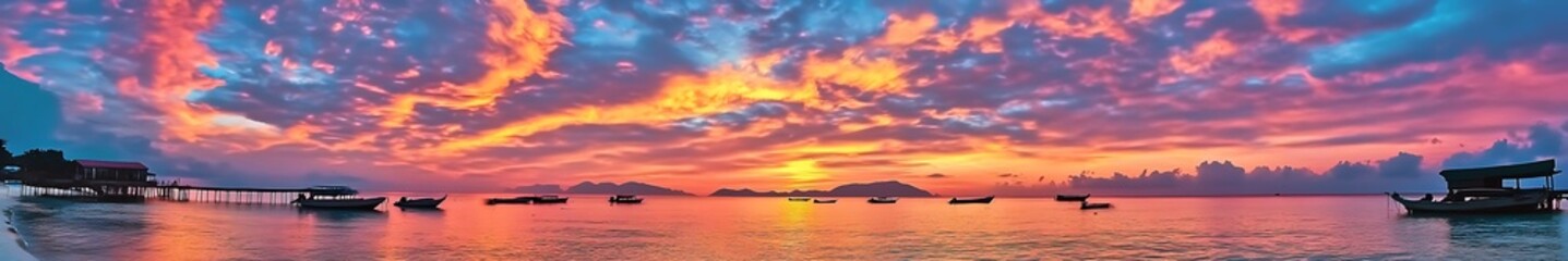 Naklejka premium Breathtaking colorful seaside sunrise with vibrant sky and calm ocean waters, showcasing stunning natural beauty and perfect composition.