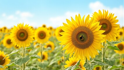 Obraz premium Vibrant sunflower field with bumblebee gathering nectar under clear blue sky