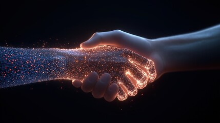 Digital handshake between human and AI figure. Collaboration and technology concepts