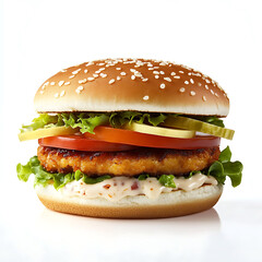 Delicious and freshly prepared hamburger on a clean white background, showcasing high-definition details and perfect composition, perfect for food-related content.