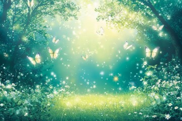 Naklejka premium Enchanting Forest Scene Featuring Lush Greenery, Delicate Butterflies, and Ethereal Light Rays Filtering Through the Trees in a Magical Atmosphere