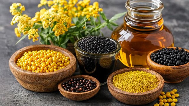 Varieties of mustard seeds and oil arranged with yellow flowers on a textured surface