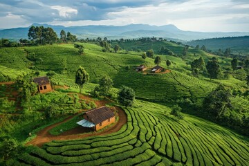 Green tea plantation covering rolling hills in rwanda, africa