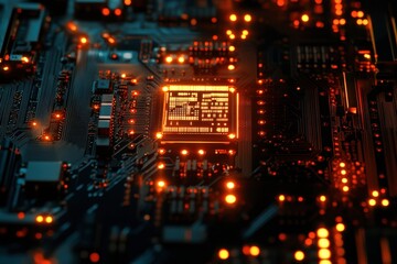 Obraz premium Cpu performing complex calculations glowing orange on motherboard