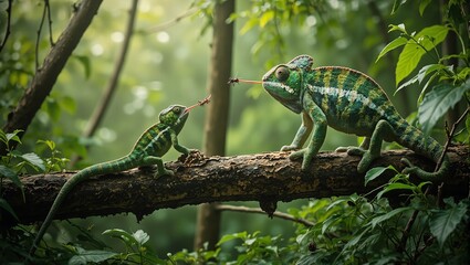 Colorful chameleon catching prey in lush jungle setting blending in seamlessly with green foliage
