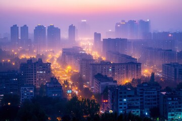 Obraz premium Cityscape emerging from fog at dusk, illuminating urban skyline