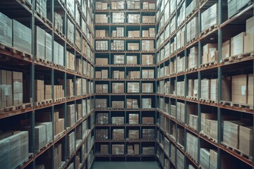 Cardboard boxes stacked high on industrial warehouse shelves