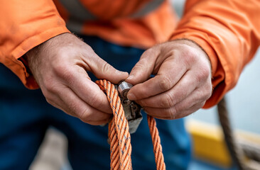 Close-up of hands securing ropes and testing equipment before launch
