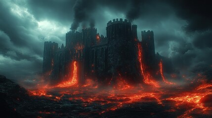 Obraz premium Dark castle engulfed in lava and smoke under stormy sky.