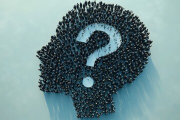 Crowd of people forming a head with question mark: asking questions, finding solutions