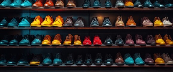 Variety of Colorful Men's Shoes on Wooden Shelves