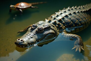 Fototapeta premium American Alligator swimming in murky waters with red-bellied turtle in the background, swamp, alligator, turtle