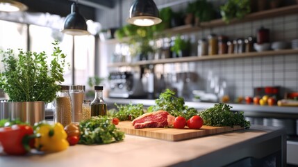 Healthy and sustainable eating environment, featuring lab-grown meat products and vegan dish during preparation in kitchen.