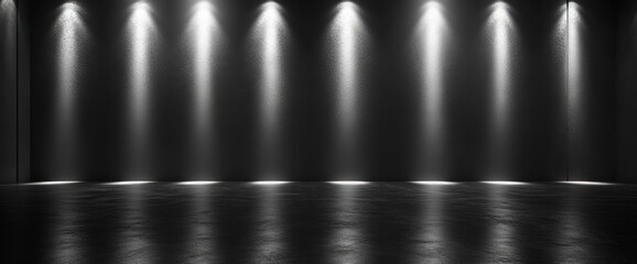 Dark room with six spotlight beams illuminating a glossy floor.