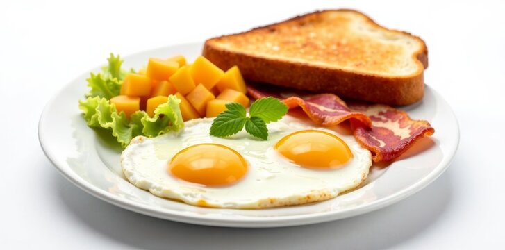 Breakfast plate with fried eggs, bacon, and toast on white background, eggs, isolated, food