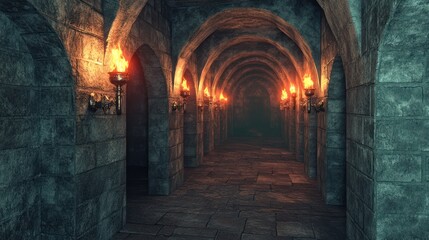 Fototapeta premium Dark stone corridor with lit torches, arched walls, and mysterious atmosphere.