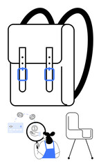 Backpack with blue buckles, student with blue apron studying, various online learning tools, and an office chair. Ideal for education, youth lifestyle, online learning, organization, productivity