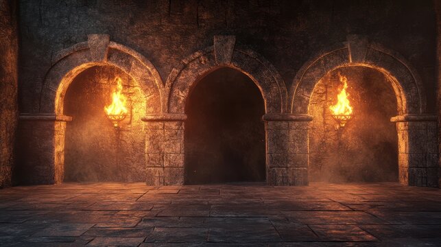 Dark stone hall with three arched doorways, lit by fiery torches.