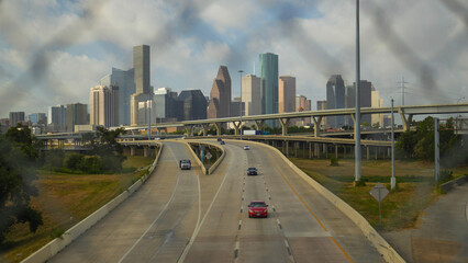 Houston, Texas skyline view from a hole in the fence