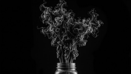 Dynamic charcoal gray smoke billows from a metallic jar against a black void forming sharp jagged shapes evoking a dramatic tense vibe