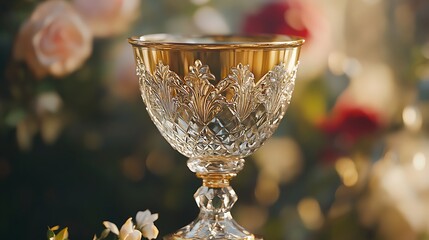 A luxury trophy cup with a crystal base and gold accents, displayed against a blurred floral background 