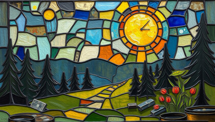 Obraz premium Colorful stained glass window. Multicolored interior design template. Oil painting