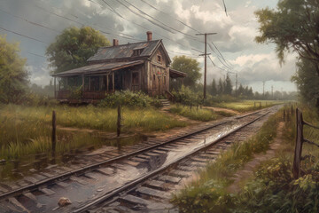 Obraz premium old house near the railway. The house looks abandoned, with faded paint and peeling walls. 