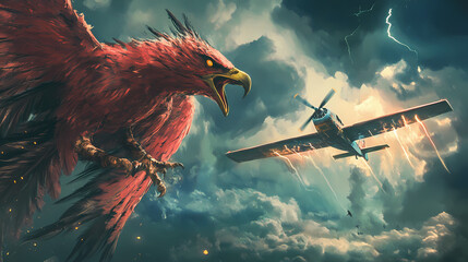 The thunderbird of native american myth attacking a small plane with a storm in the distance. Thundertide. Illustration