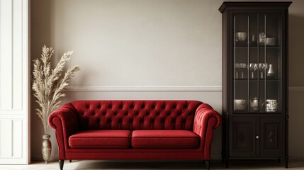 Luxury interior design with a standout red sofa, suggesting a relaxed, stylish and well-organized home environment.