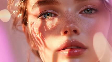 Beautiful woman with freckles enjoying golden hour sunlight reflecting on face