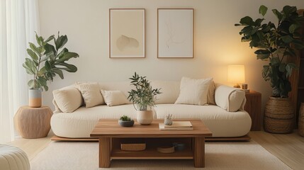 Obraz premium Cozy living room, neutral color palette, beige sofa, wooden coffee table, framed botanical prints, potted plants, natural light, textured throw pillows, woven basket, minimalist decor, earth tones, so