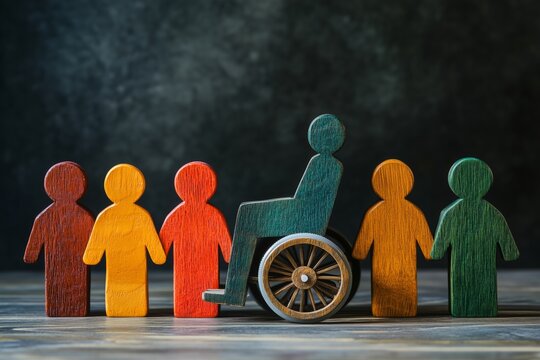 diversity and inclusion concept with wooden people figures of different color including wheelchair user