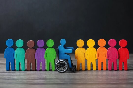 diversity and inclusion concept with wooden people figures of different color including wheelchair user - Powered by Adobe