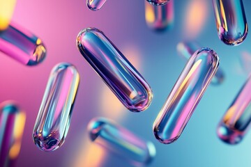 Elongated glass elements floating in midair with soft neon lighting. Glass morphism abstract 3D background.