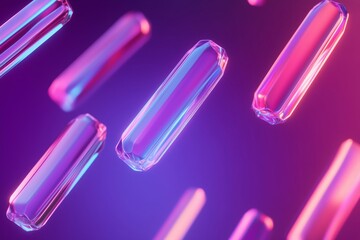 Elongated glass elements floating in midair with soft neon lighting. Glass morphism abstract 3D background.