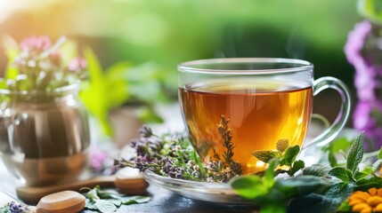 Cup of earl grey tea and flower decoration showcasing relaxing and balanced energy.