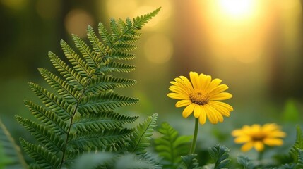 Vibrant Yellow Wildflower and Lush Green Fern in Golden Sunlight