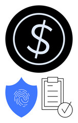 Dollar sign in black circle, blue fingerprint shield for identity protection, checklist with tick mark. Ideal for finance, security, trust, verification, banking, regulations abstract line flat