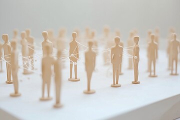 Network concept with wooden figures connected on a white surface symbolizing human resources strategy and management 