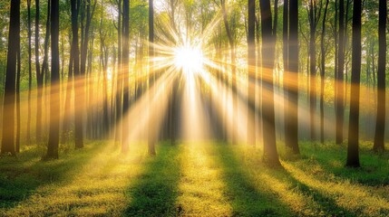 Obraz premium Sunlight streaming through trees in a serene forest setting.