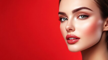 Beautiful woman with perfect makeup posing on red background
