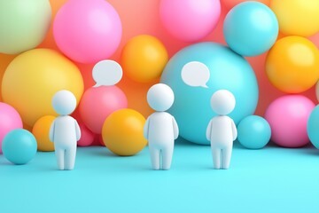 Three colorful figures standing on a platform with a speech bubble above them