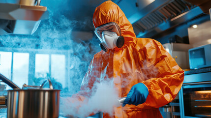 Person in hazmat suit fogging kitchen with determination