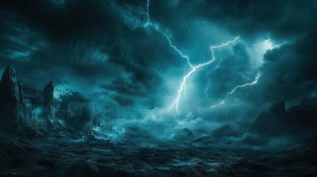 Dramatic stormy seascape with lightning striking over dark mountains and turbulent ocean.