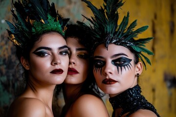 Obraz premium Three women with dramatic makeup and feathered headpieces pose together.